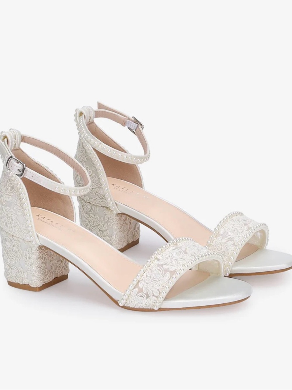 Kailee P Crochet Lace Block Heel Wedding Sandals with Mini Pearls